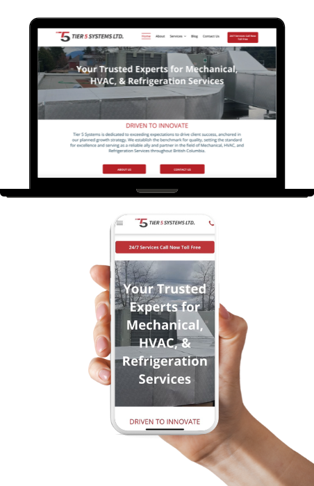 A person is holding a cell phone in front of a laptop showcasing a Website Design for Tier 5 Systems
