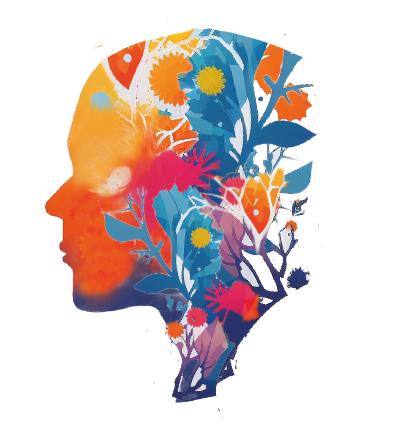 Kleurrijk, bloemrijk silhouet van een menselijk hoofd in profiel, met een mix van oranje, blauwe, roze en paarse bladeren.