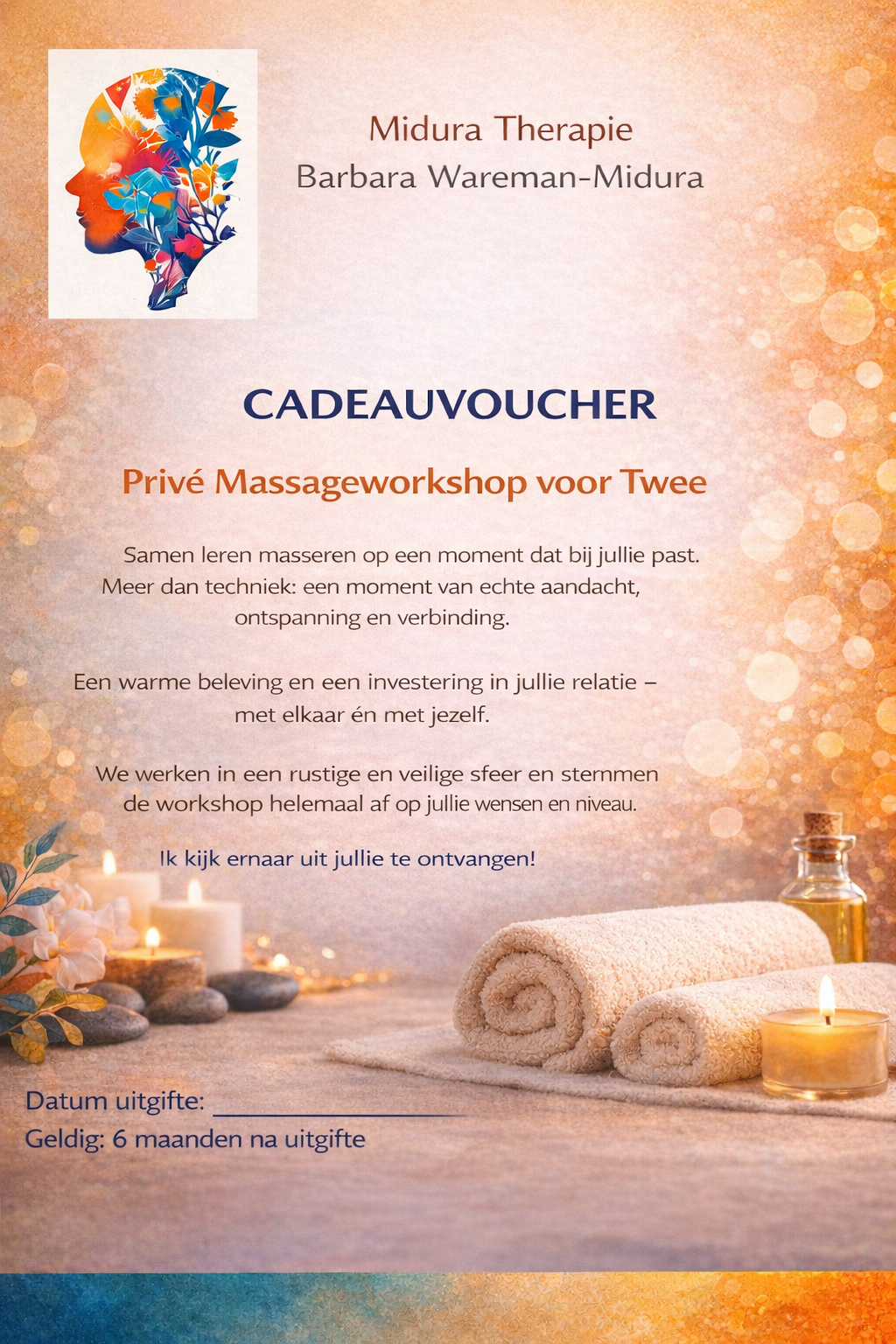 Oranje voucher voor een massageworkshop, met kaars, handdoek en een warme, spa-achtige achtergrond.