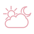 Un icono rosa de una nube, un sol y una luna sobre un fondo blanco.