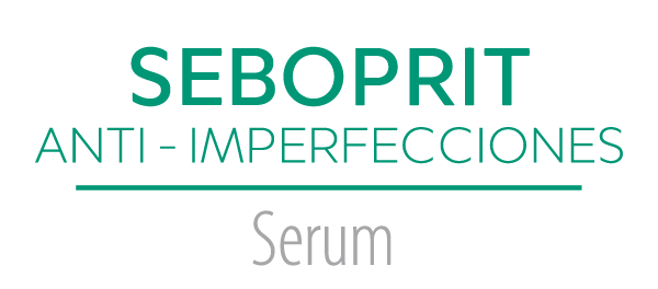 Un logotipo verde y blanco para el suero anti imperfecciones Seboprit.