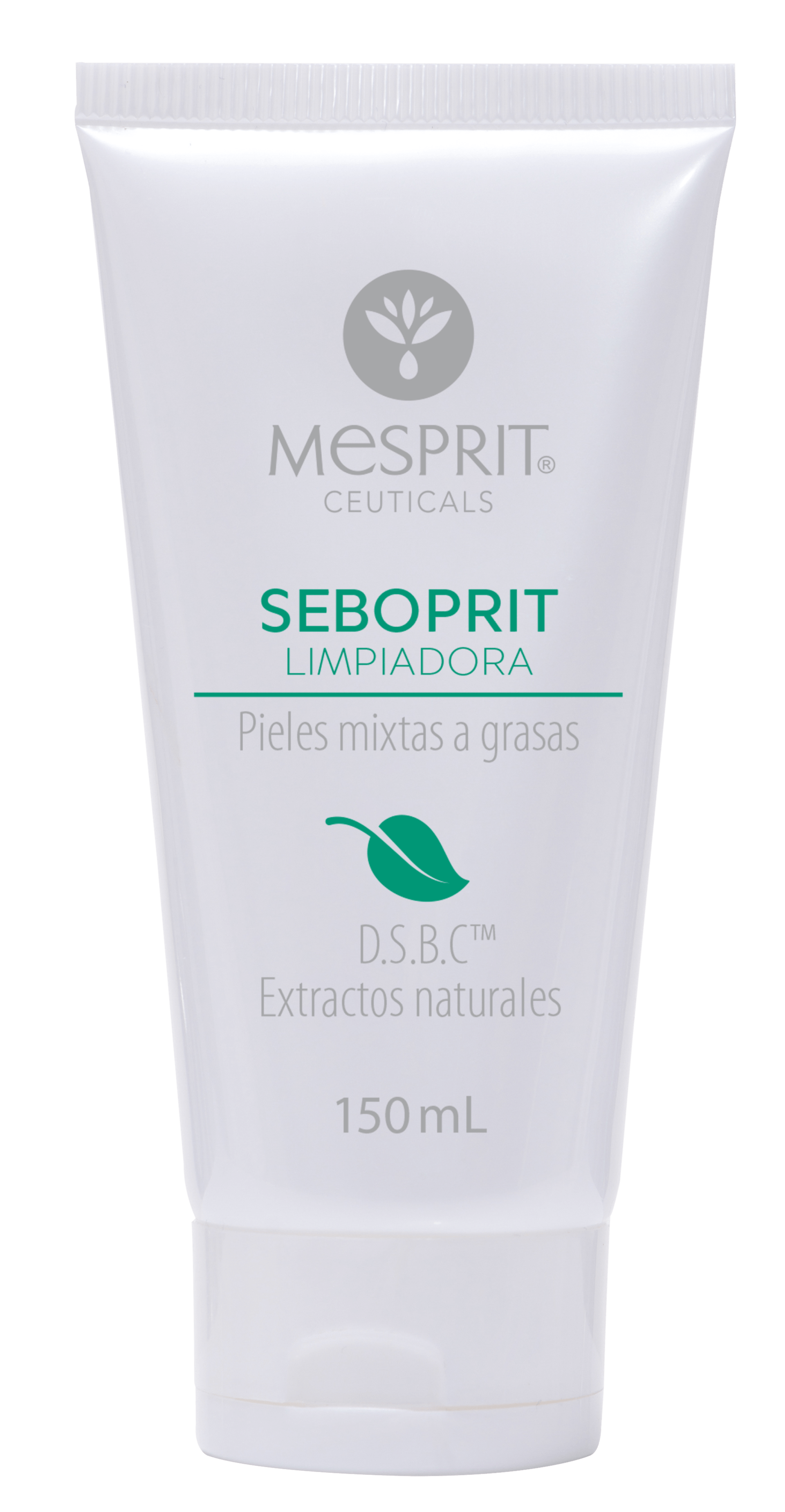 Un tubo de crema limpiadora Seboprit con una hoja verde encima.