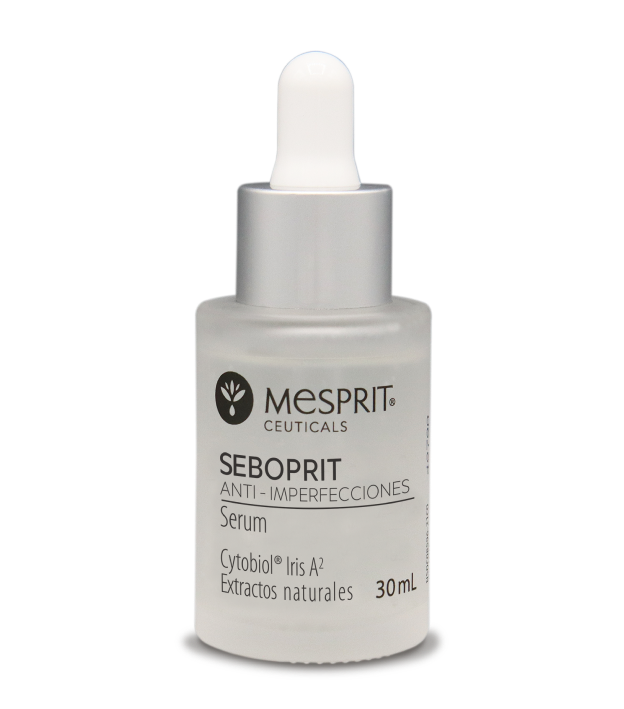 Un frasco de suero anti imperfecciones Seboprit con un gotero.