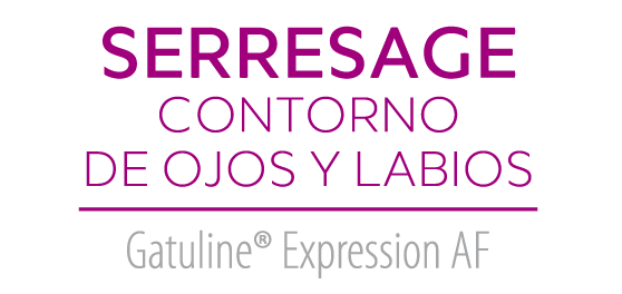 A purple and white logo for serresage contorno de ojos y labios