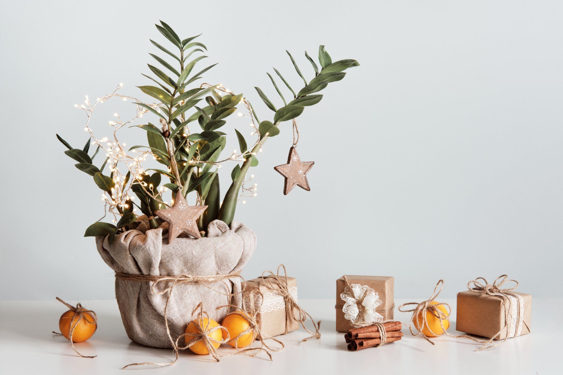 Una planta en maceta con adornos navideños y regalos sobre una mesa.