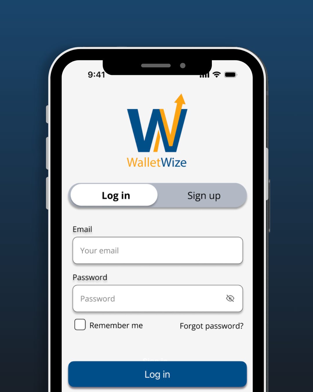 WalletWize mobile login screen with email and password fields, remember me checkbox, and Log in button