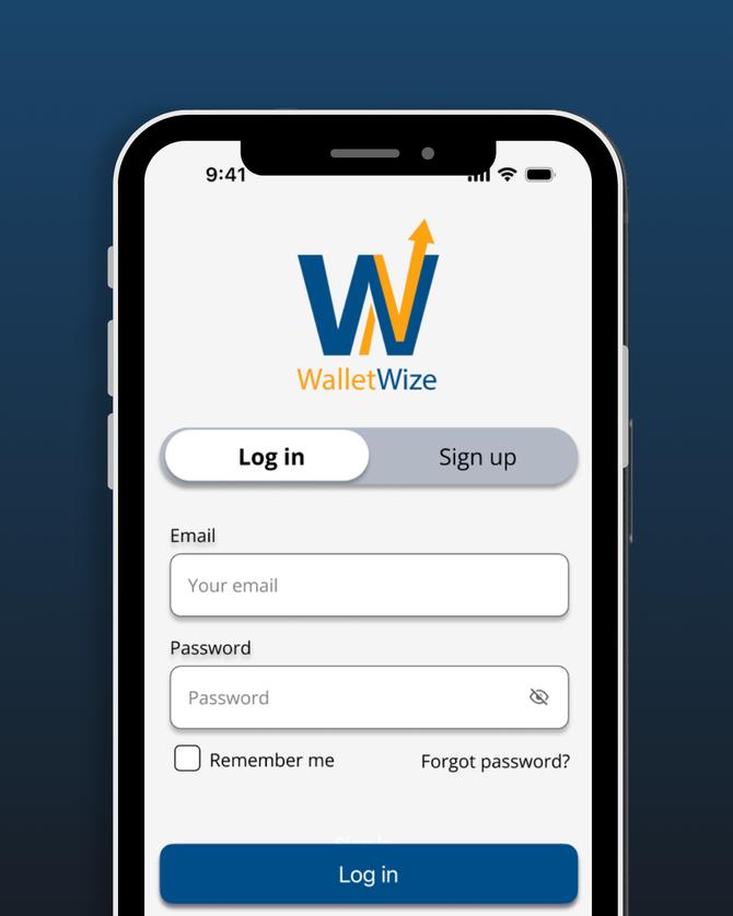WalletWize mobile login screen with email and password fields, remember me checkbox, and blue Log in button