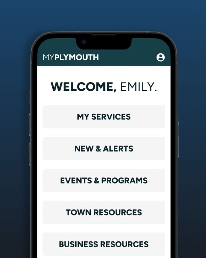 Myplymouth app home screen with “Welcome, Emily” and buttons for My Services, Alerts, Events, Town Resources, Business Resources