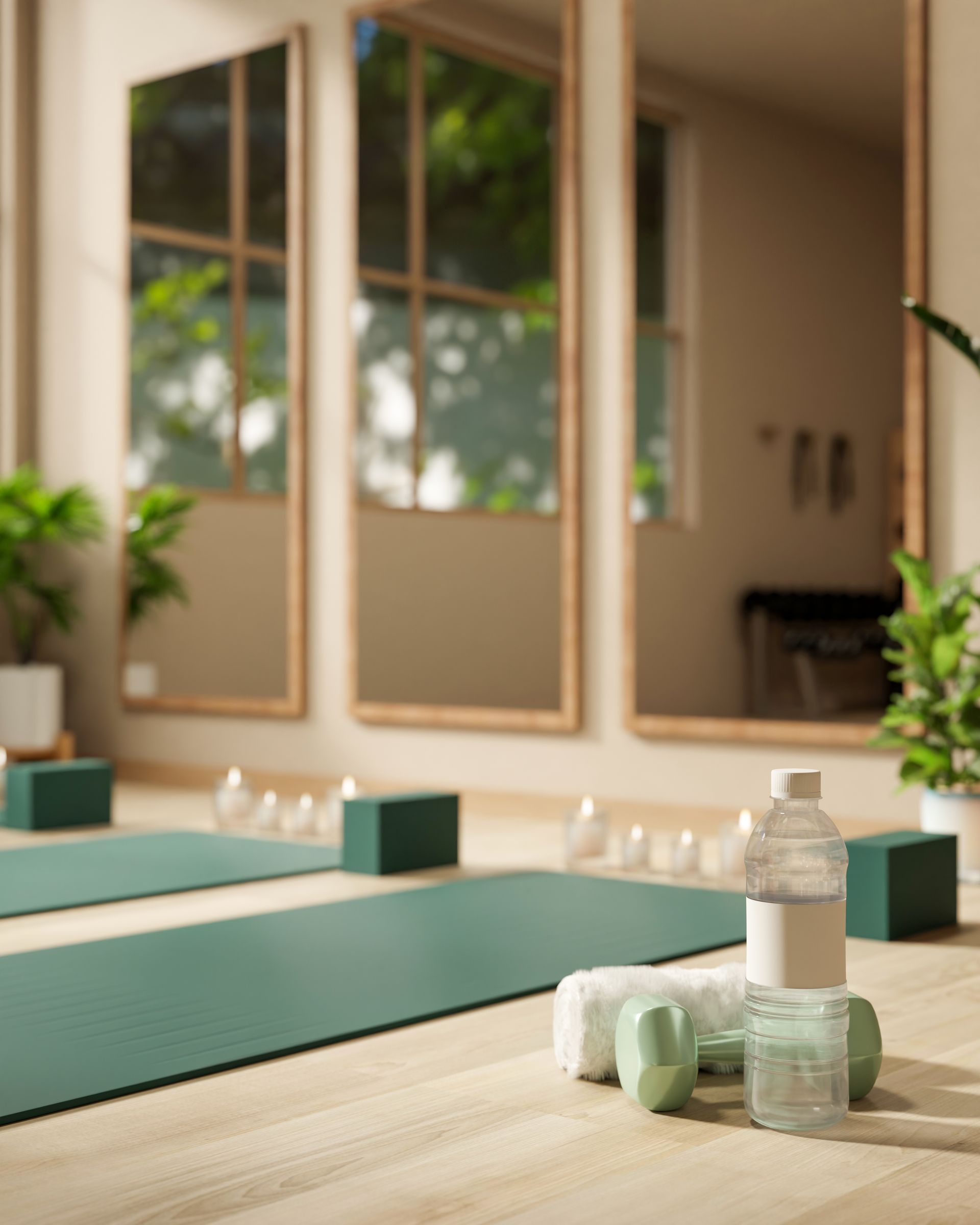 Yoga studio with mats, water bottle, and folded towels on a table, near large windows and plants