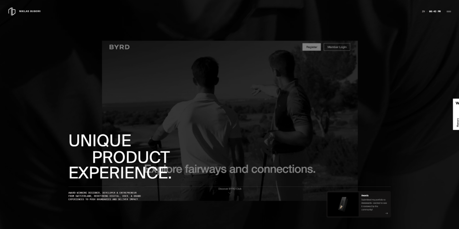 Dark website hero banner with two silhouetted people and the headline “UNIQUE PRODUCT EXPERIENCE”