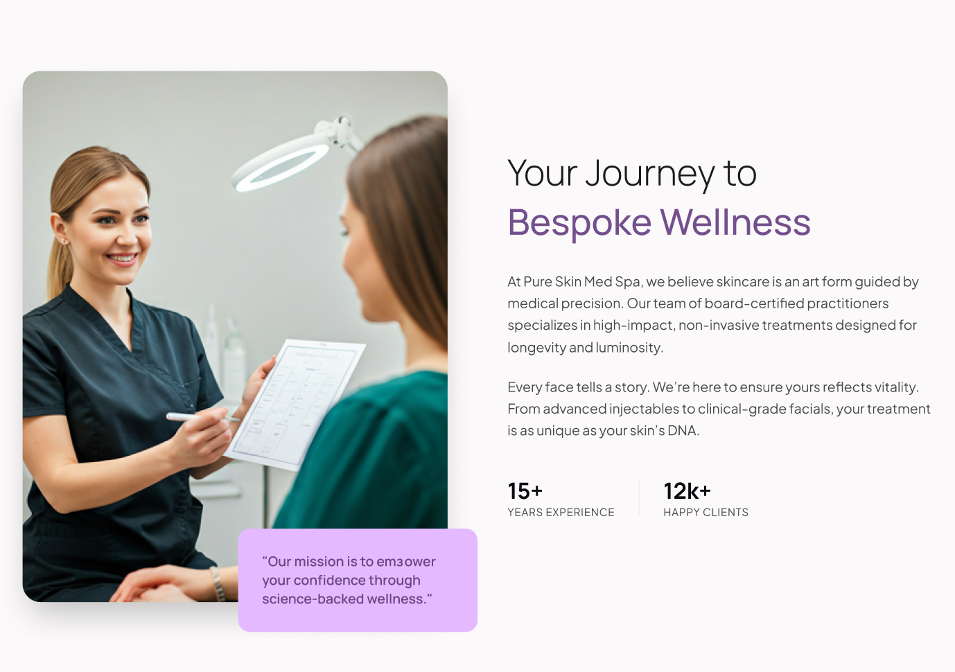 Woman in dark scrubs consulting a seated client beside text reading “Your journey to Bespoke Wellness”