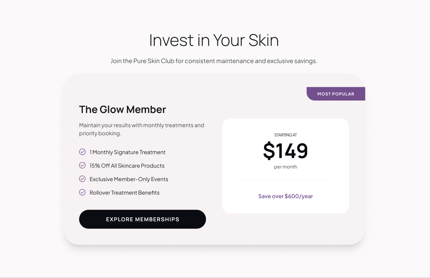 Close-up of woman’s face with closed eyes, promoting glowing skin on a skincare website