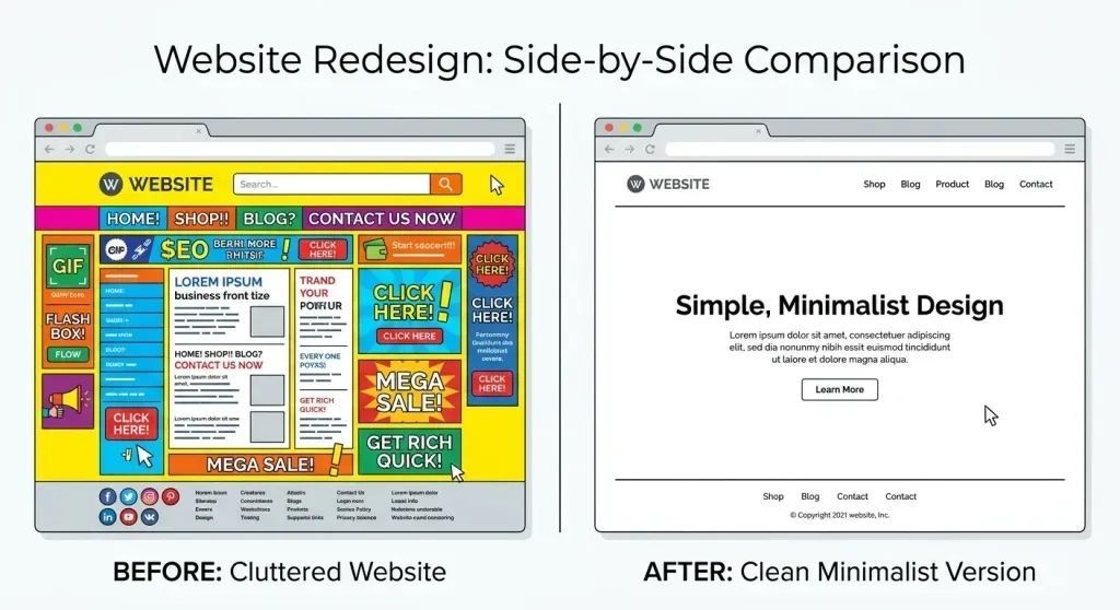 Website redesign comparison: cluttered colorful homepage beside a clean minimalist version