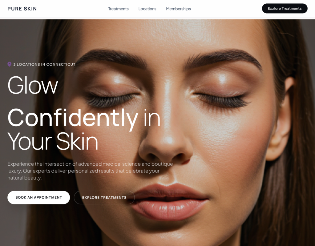 Close-up of woman’s face with closed eyes, promoting glowing skin on a skincare website