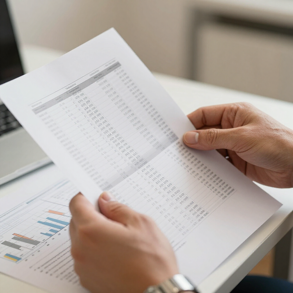 Hands hold a document with data tables and a bar chart while working at a desk next to a laptop.