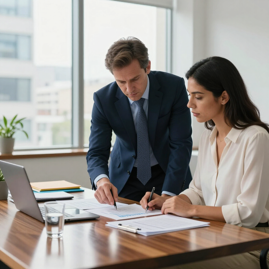 Two professionals in business attire collaborating at a desk, reviewing documents and a laptop in a bright office.