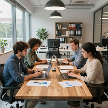 Four people work on laptops at a long wooden conference table in a modern, sunlit office with shelves and plants.