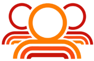 A stylized, minimalist icon of three people side-by-side, rendered in concentric lines of orange and red.