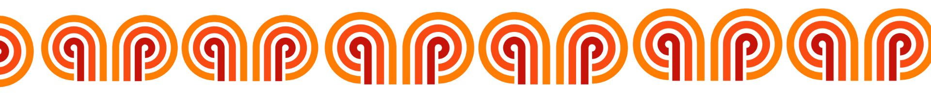 A horizontal border pattern featuring a repeating series of nested, spiral-shaped lines in shades of orange, red, and yellow.