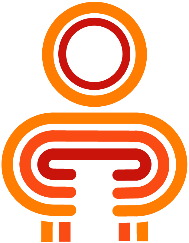 A stylized, abstract icon of a person formed by nested orange and red curved lines against a white background.