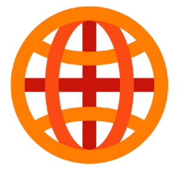 An orange globe-like icon formed by interlocking curved lines, overlaid with a dark red horizontal and vertical cross.