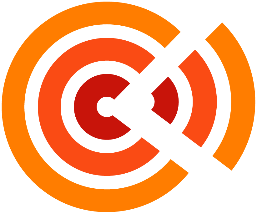 A stylized graphic of concentric circles in shades of red and orange, with a diagonal wedge cut out from the upper right.