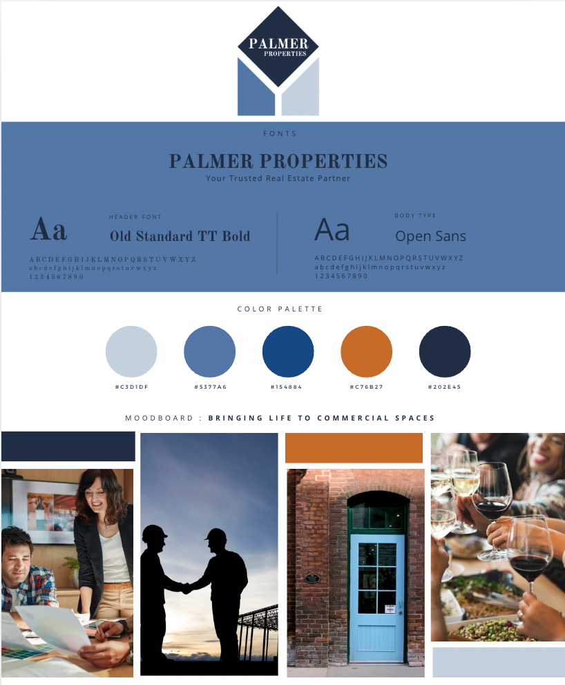 Palmer Properties brand board with blue palette, fonts, logo, and lifestyle photos of real estate and home scenes