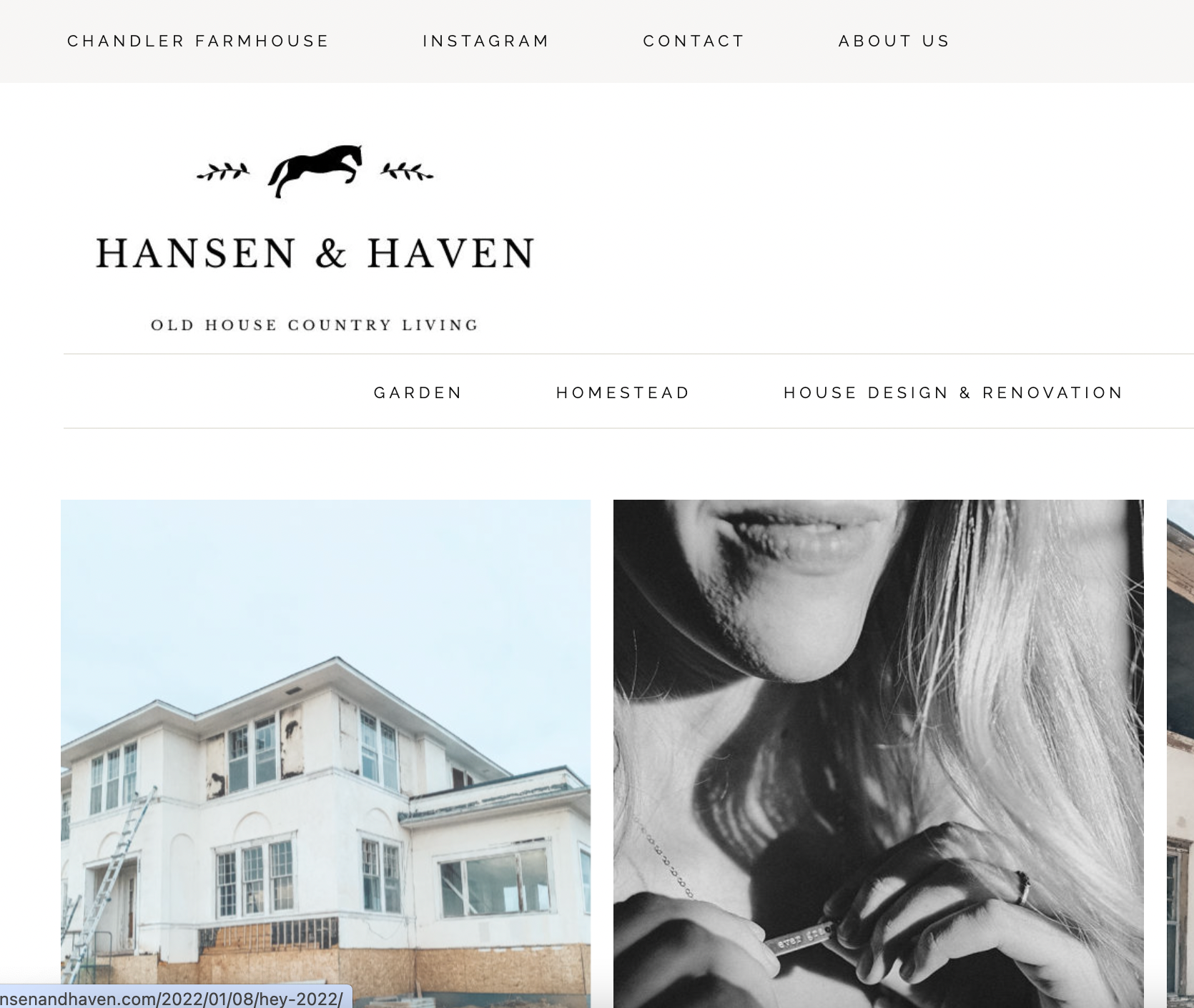 Hansen & Haven website homepage with logo, navigation, and two featured images: a house exterior and black-and-white portrait