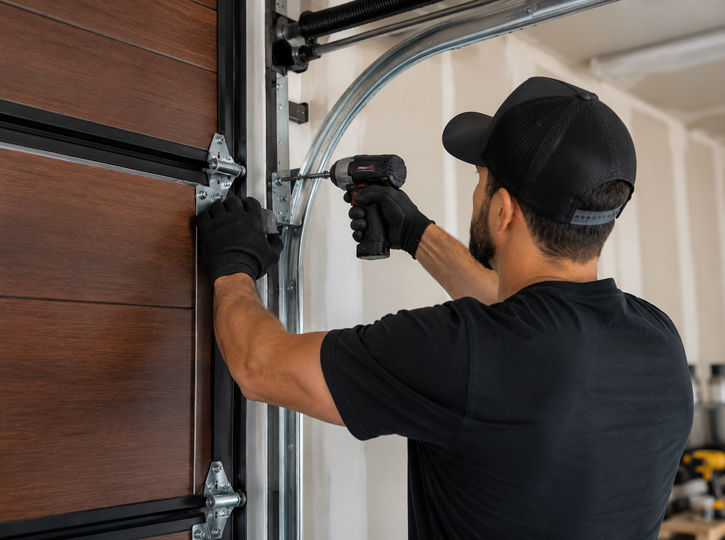 Technician adjusting a garage door opener track with a power drill in a garage