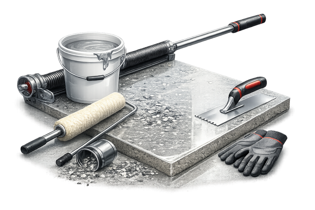 Painting tools on a gray work surface: roller, brush, paint can, gloves, and scraper.