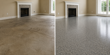 Before-and-after view of a living room floor: dull concrete on the left, polished speckled finish on the right.