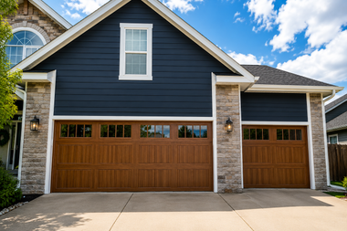 Modern house exterior with dark blue siding, stone accents, and wooden garage doors