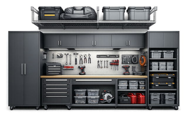 Modern gray garage workbench with organized tools, drawers, cabinets, and storage bins