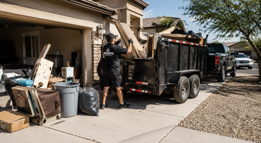 Workers loading debris into a trailer outside a house during a junk removal cleanup