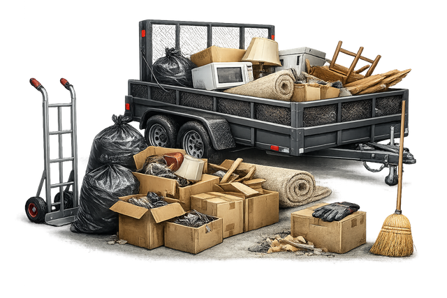 Loaded utility trailer with boxes, bags, and furniture; hand truck and broom on a white background.