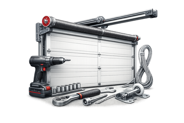Garage door opener kit with motor, rail, remote, wall control, and accessories on white background