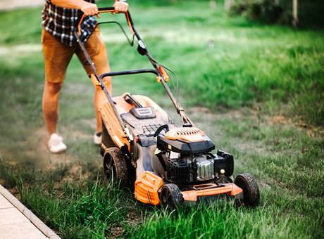 Gardener mows the lawn with an mower