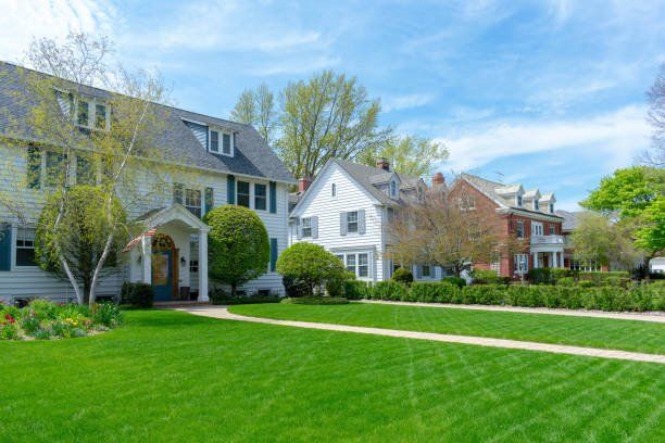 Wide green front lawns
