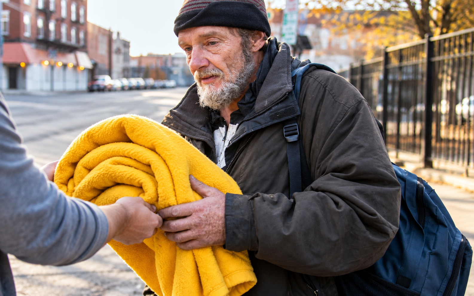 A man in a beanie receives a yellow blanket on a city street, highlighting kindness and support in an urban setting.