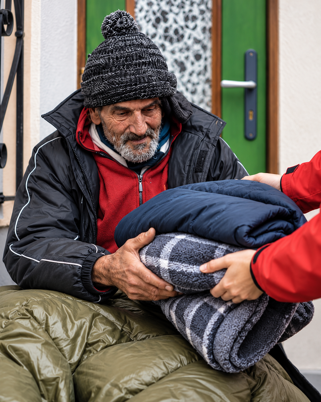 A man in a beanie receives warm blankets from a person in red, sitting outside a green door.
