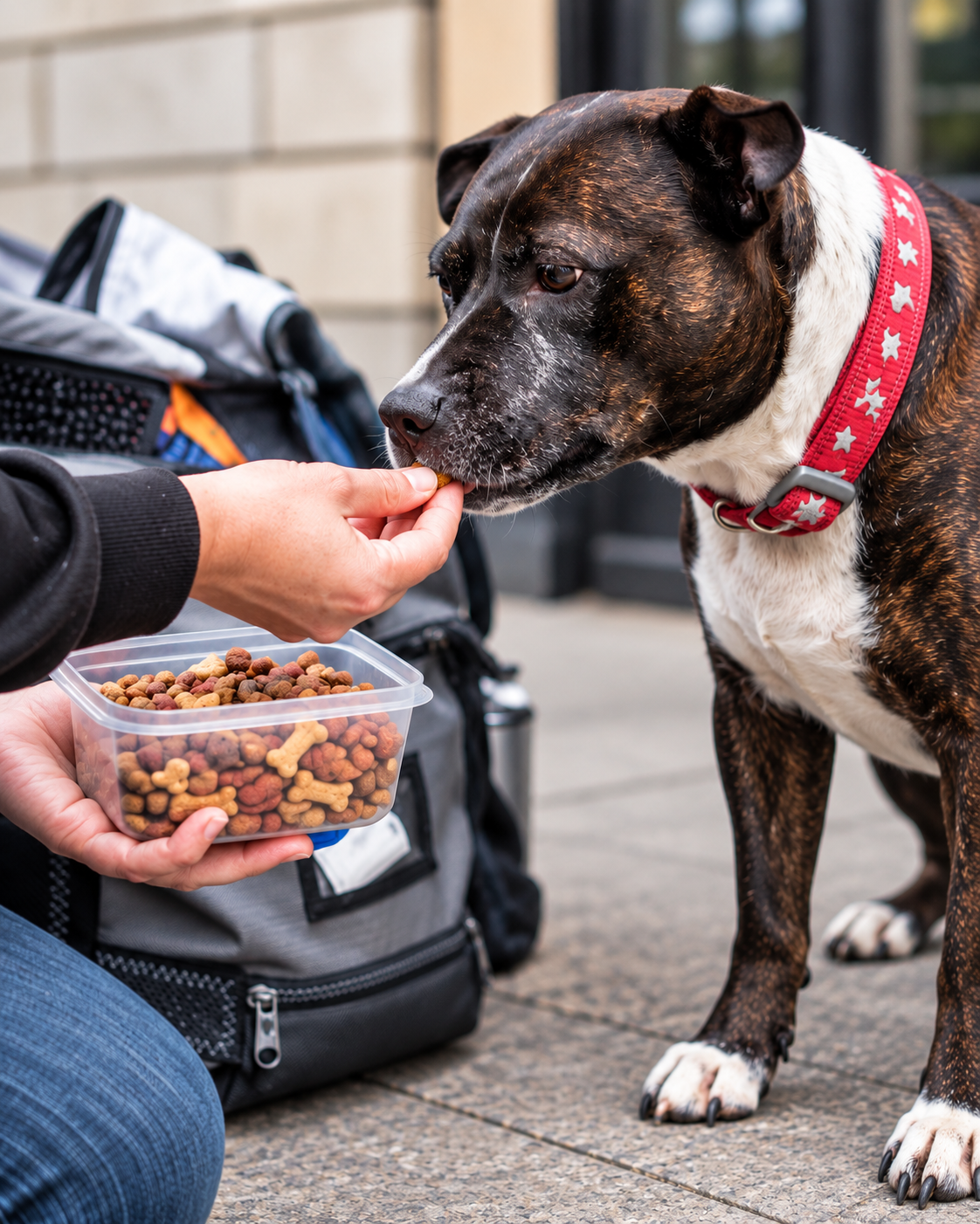 Person feeds a brindle dog treats from a clear container outdoors