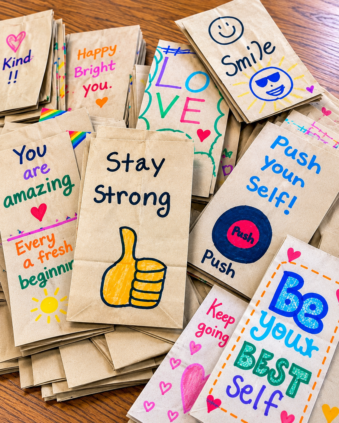 Stack of colorful motivational note cards with phrases like “Stay Strong,” “Love,” and “Be your best self”