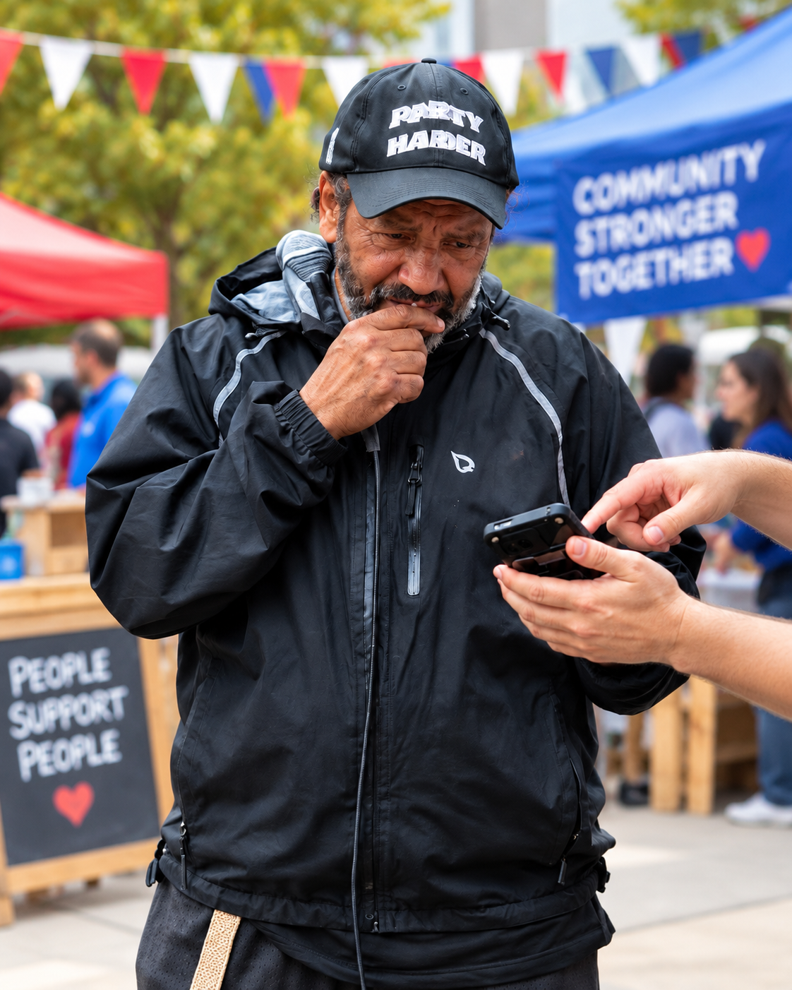 Man in black jacket and cap looks at phone outdoors. Signs read "Community Stronger Together" and "People Support People.