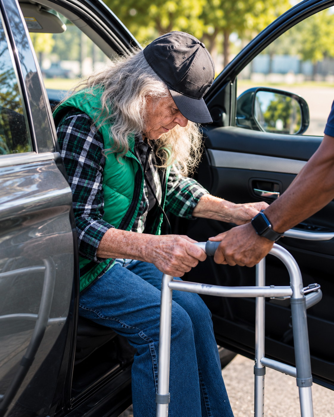 Elderly woman with long hair uses a walker to exit a car, assisted by a person wearing a smartwatch, in a sunny outdoor setting.