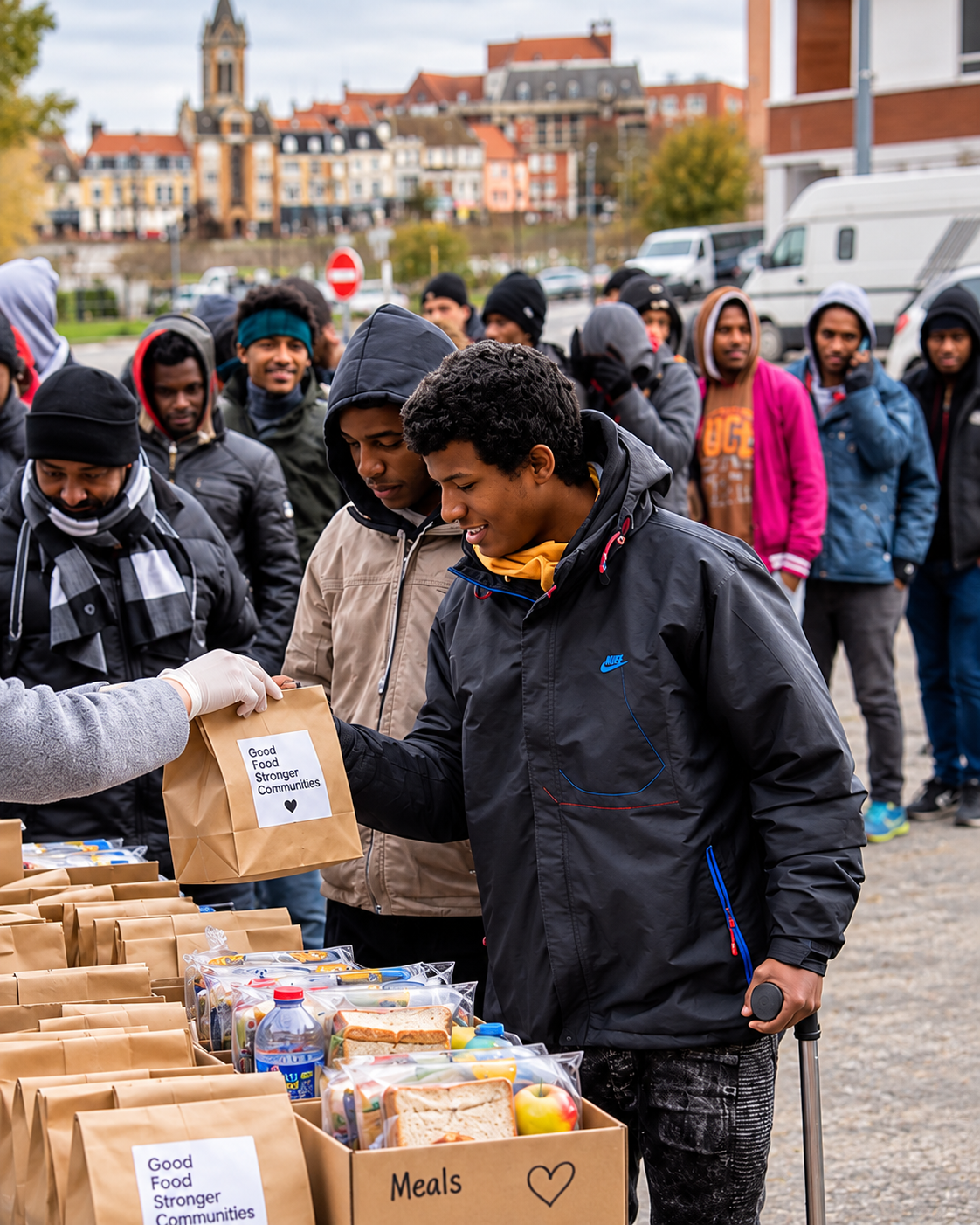 People in line receive meals from a table labeled "Good Food, Stronger Communities" on a city street with historic buildings.