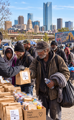 People receiving food at an outdoor aid table with a city skyline in the background.