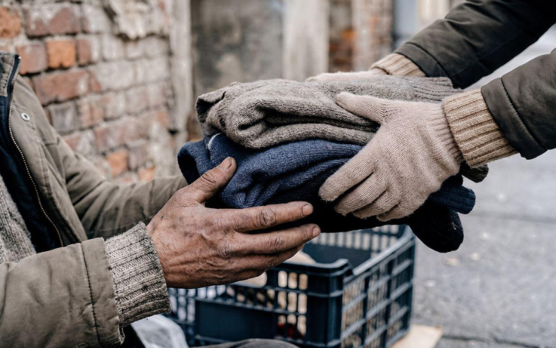 Gloved hands give folded sweaters to a person in need, highlighting kindness and support against a brick wall backdrop.