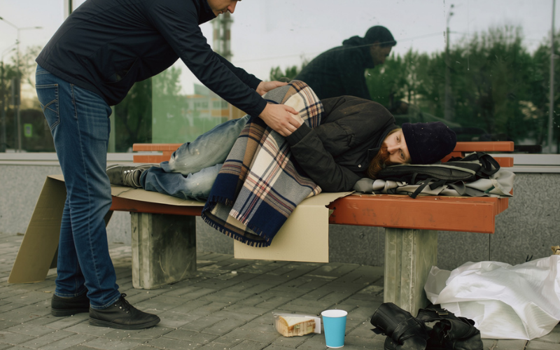 A person covers a sleeping homeless man on a bench with a blanket, surrounded by scattered items and a paper cup on the ground.