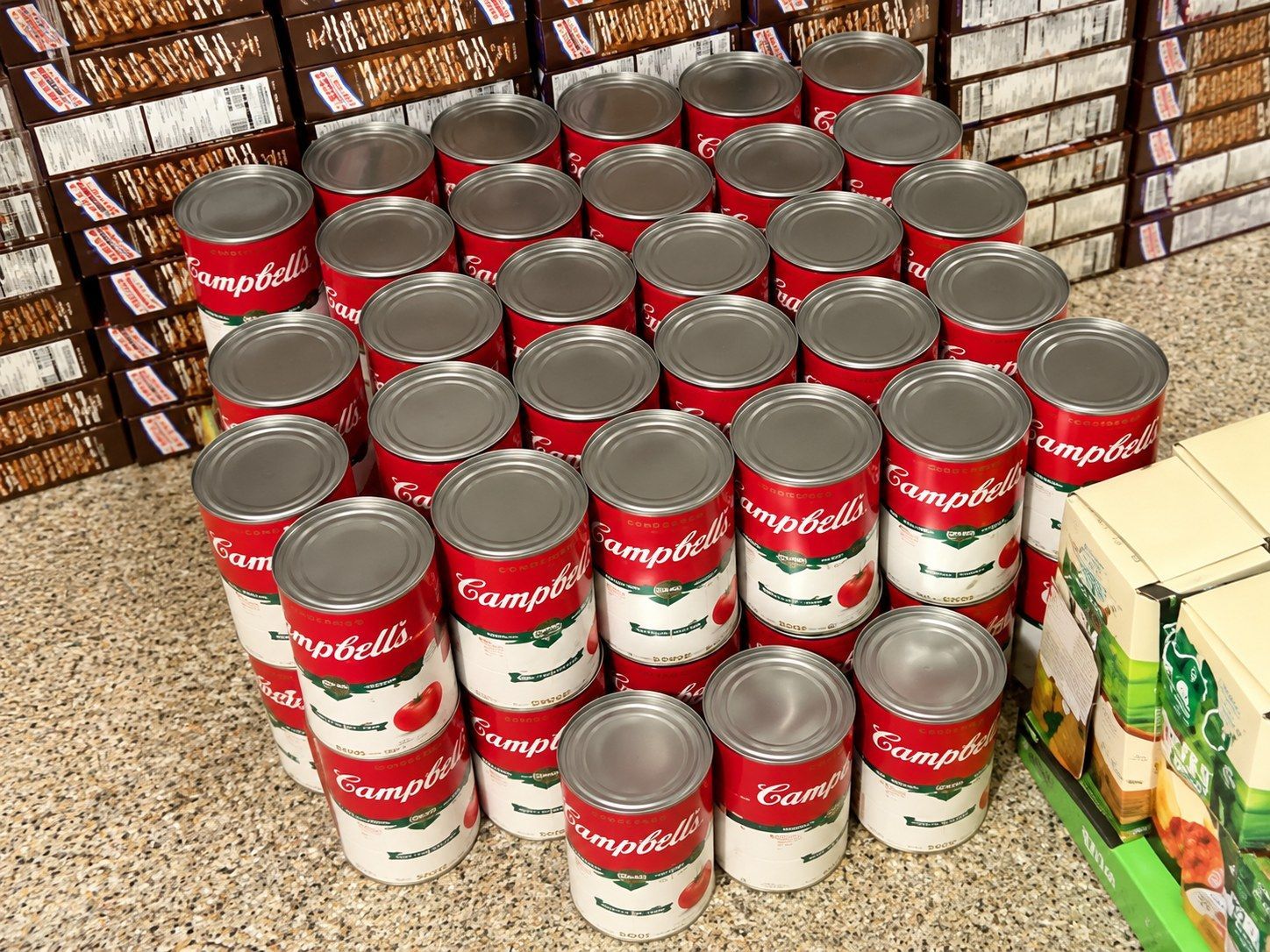 Stacks of donated canned soup and boxed food collected through partner donation drives for John's Dignity outreach