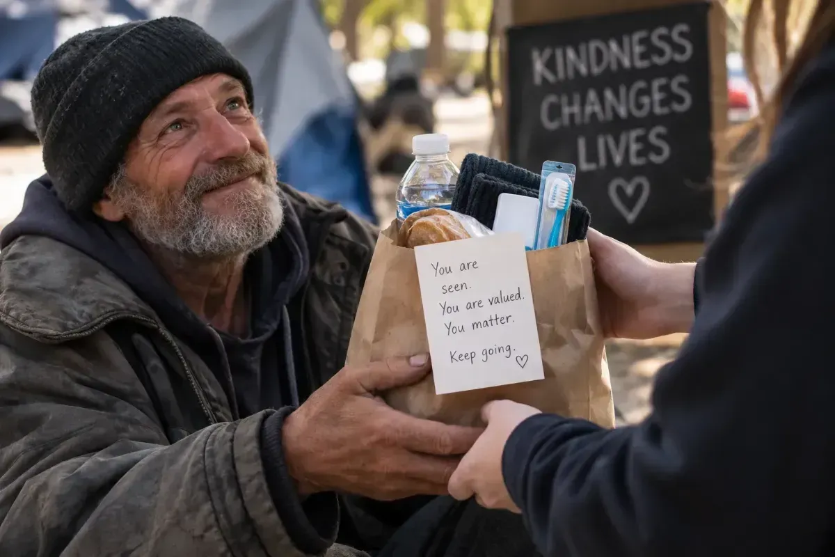 Man in knit hat accepts a care bag from another person, with a “Kindness Changes Lives” sign behind them.